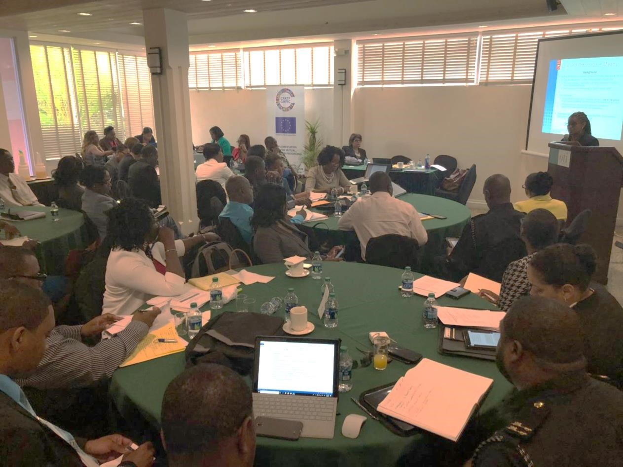 St Kitts and Nevis’s training audience listens attentively while Ms. Dawne Spicer, Executive  Director CFATF delivers AML/CFT guidance.