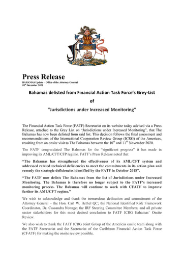 Bahamas delisted from Financial Action Task Force’s Grey-­‐List